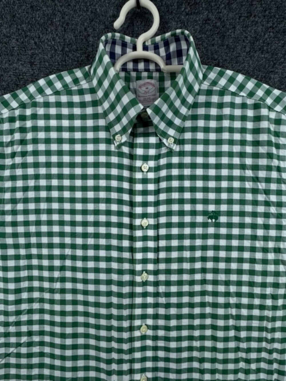 Brooks Brothers Oxford Button-Down Logo Green White Medium Non-Iron Check Men